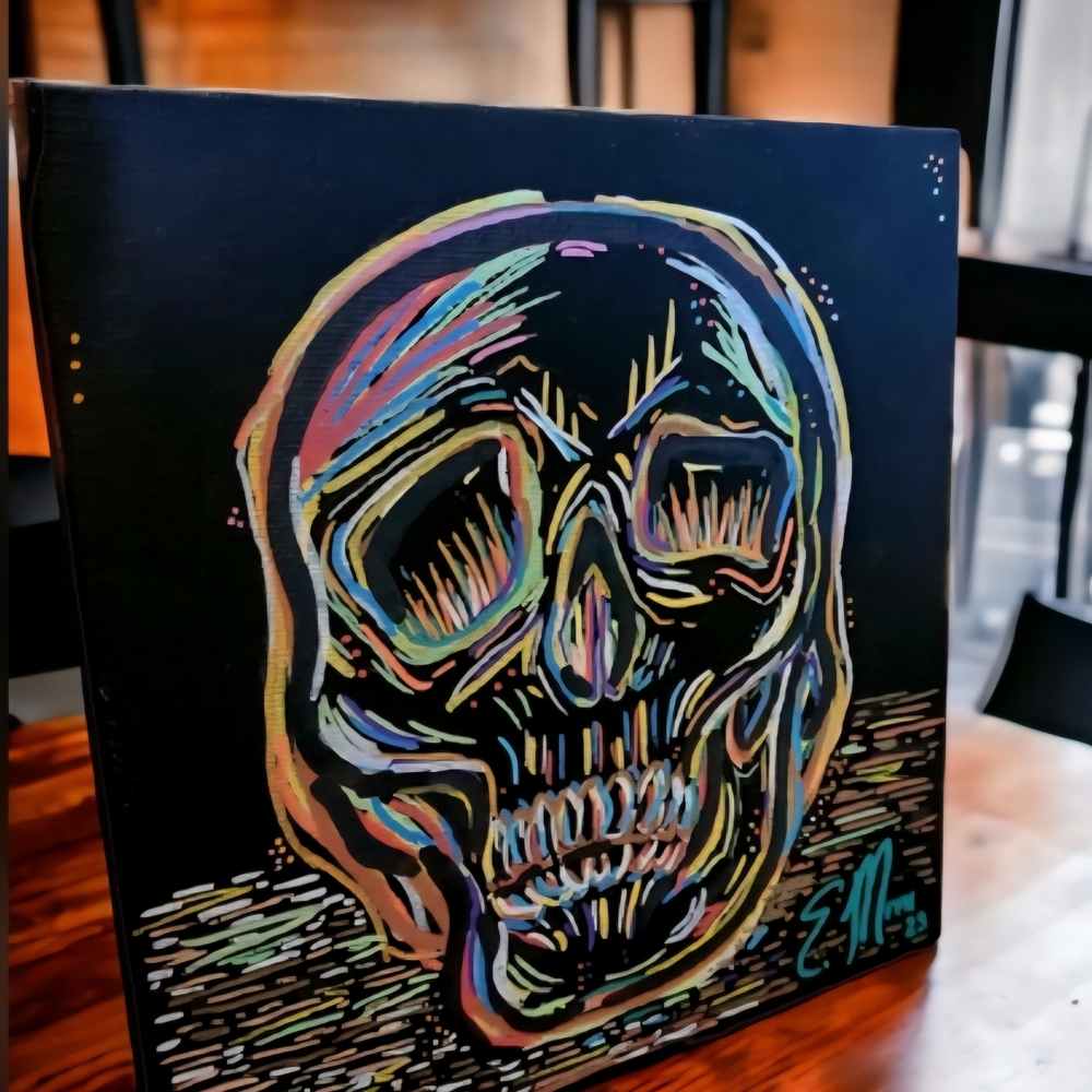 Vibrant Skull Art on Black Canvas